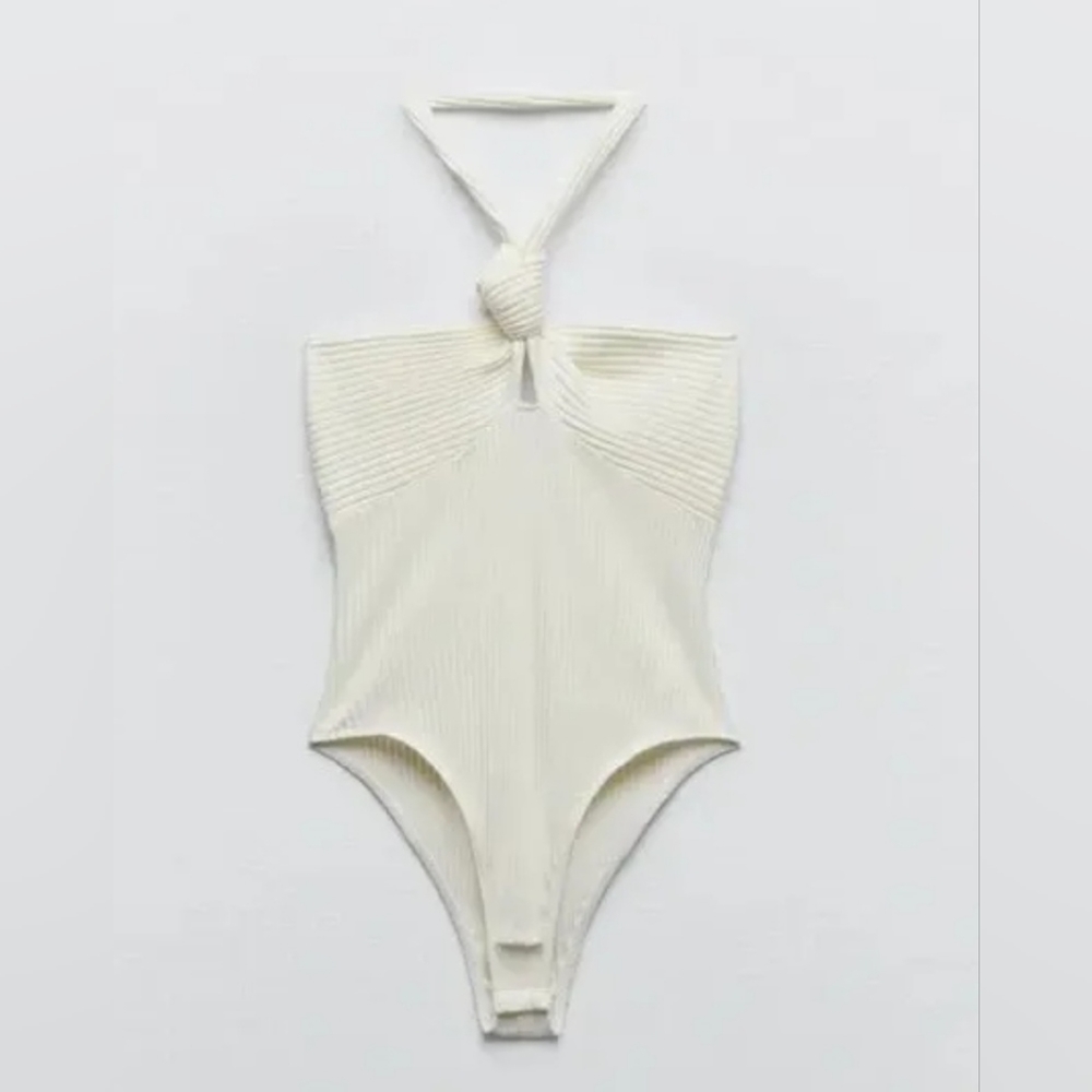 Zara Ribbed Knotted Front Bodysuit in Pearl White - Picture 3 of 8